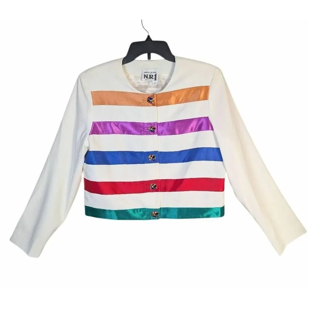 Vintage 90s Sandra OW-Wing NR1 multicolor stripe rhinestone crop jacket blazer - Picture 2 of 9